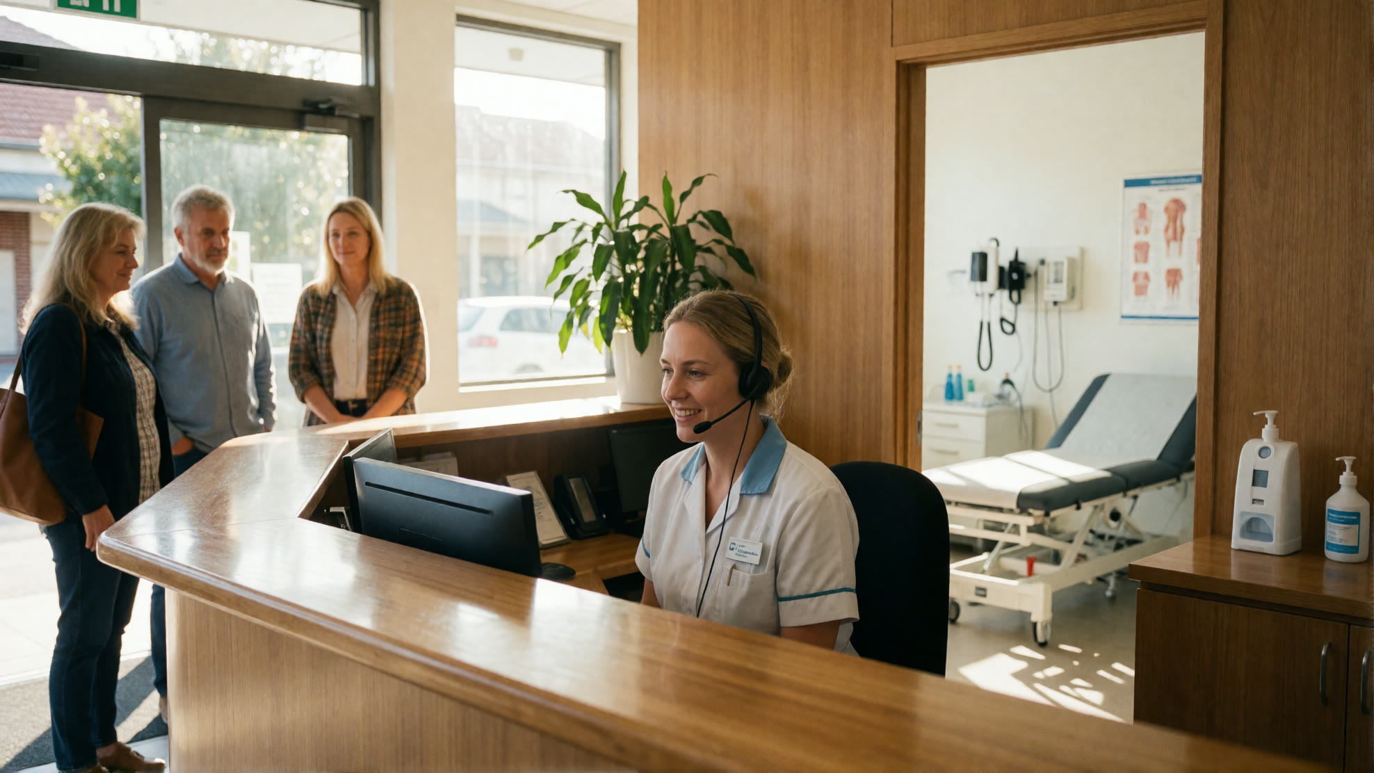 GP clinic reception with waiting patients and an exam room behind