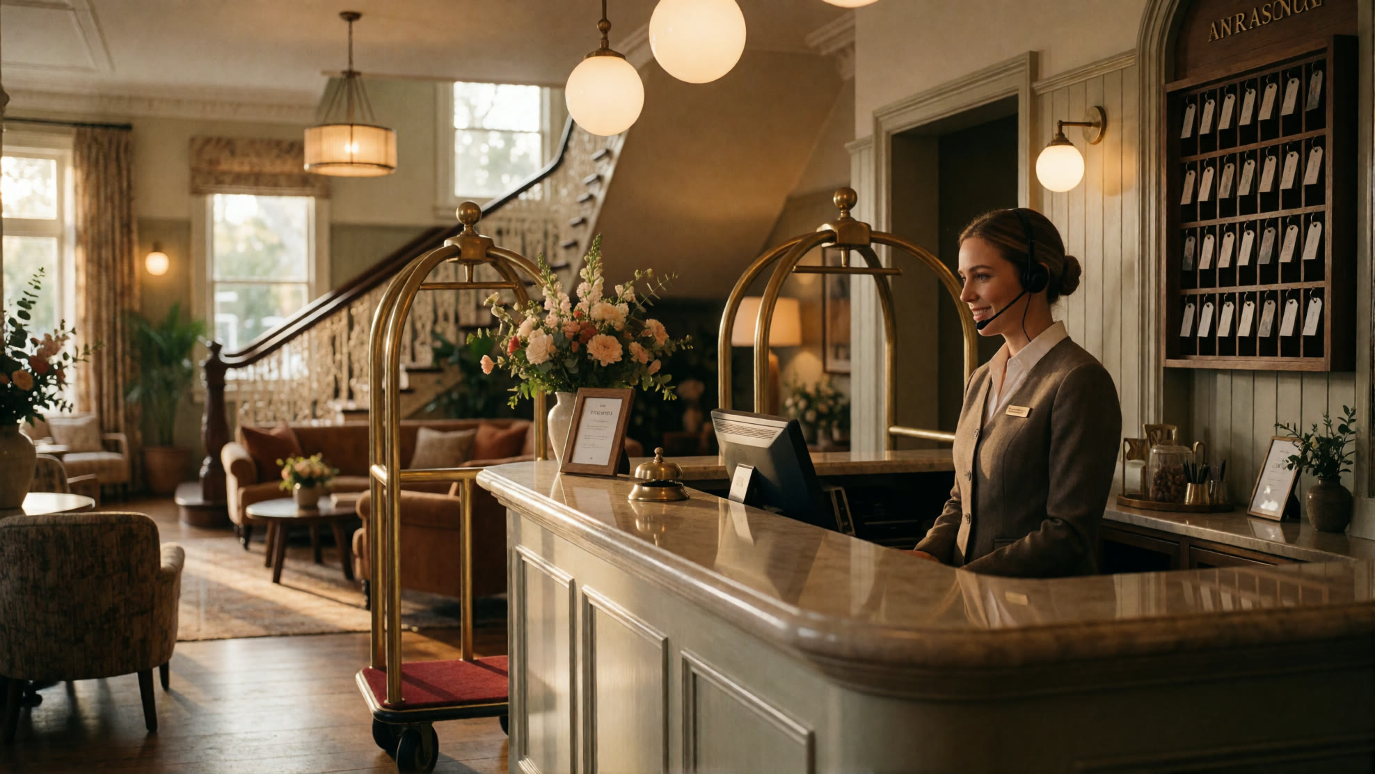 Hotel receptionist at a heritage front desk with key rack and bell