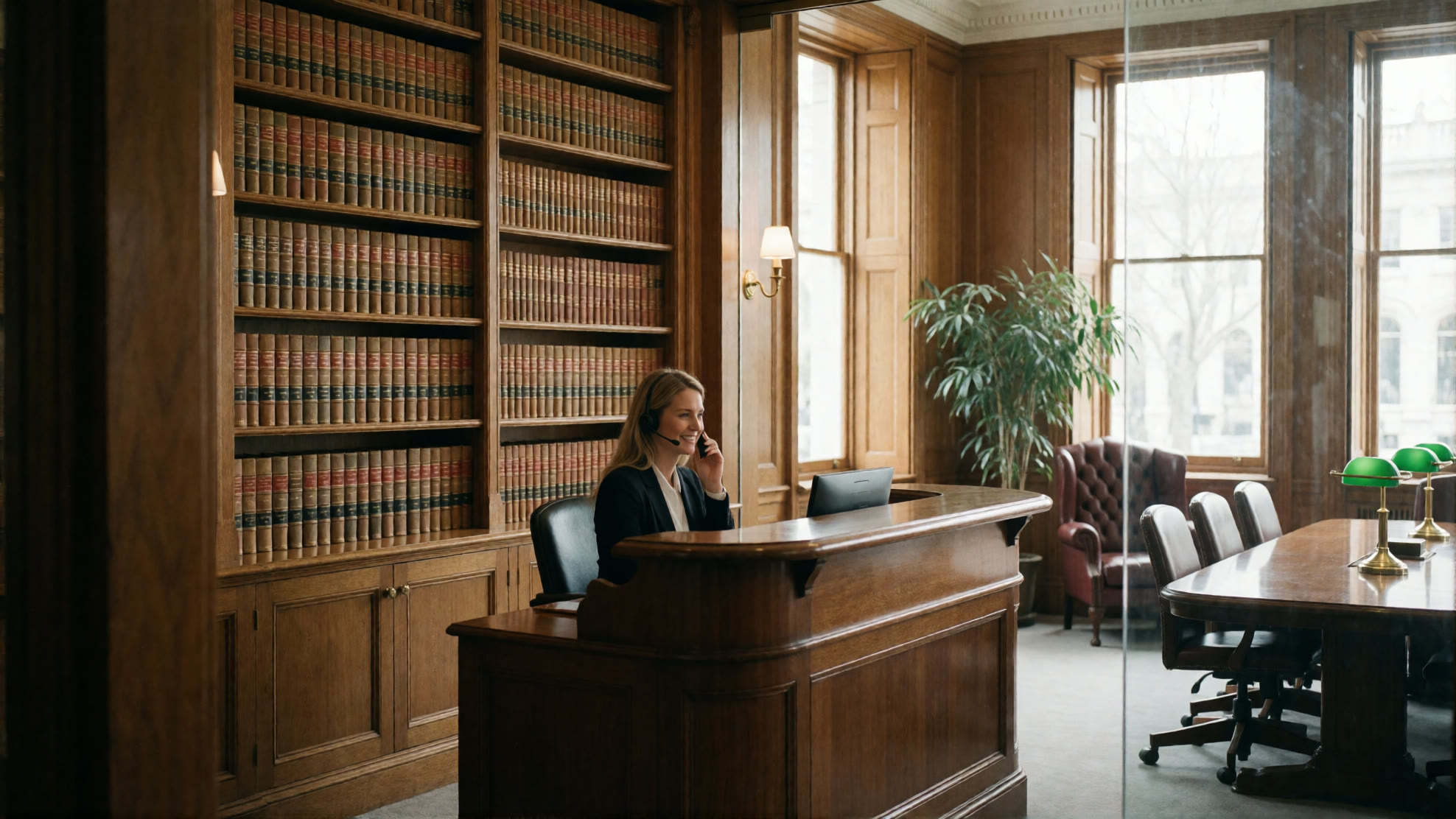 Law firm reception in a traditional office with a legal library