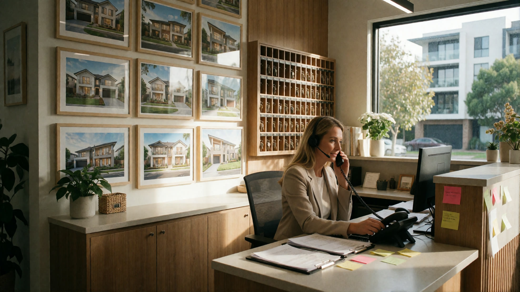 Property manager handling calls at a busy desk with listings and key board