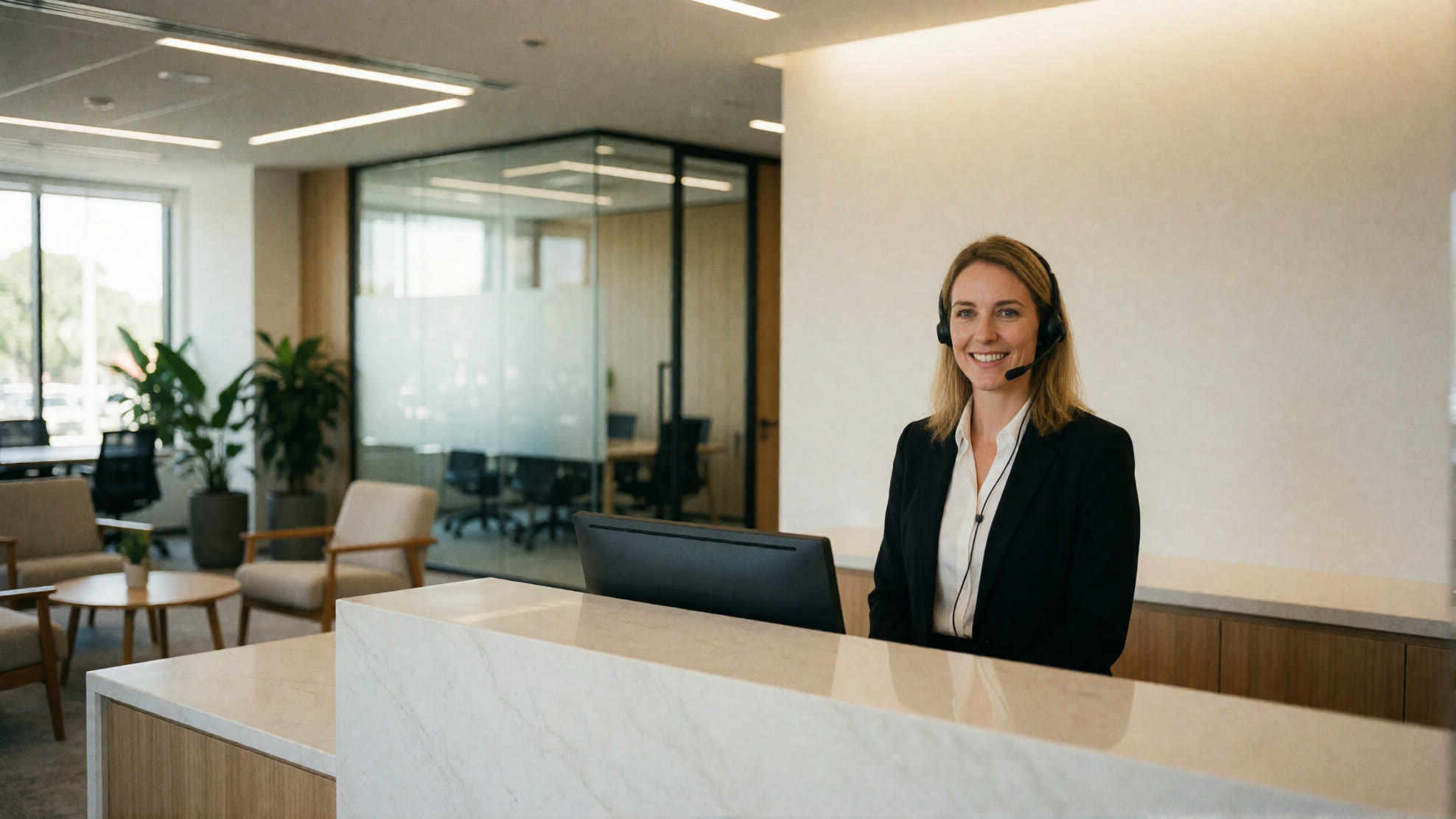 Friendly corporate receptionist greeting callers at a marble desk