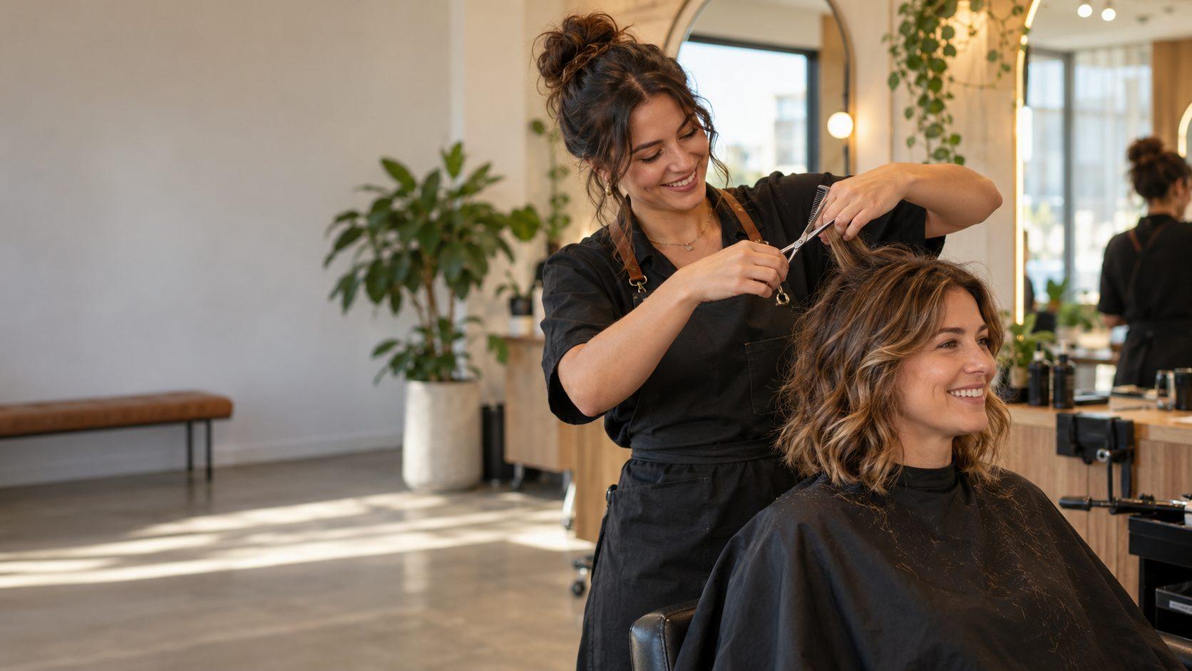 Hairdresser cutting a smiling client's hair in a sunlit salon