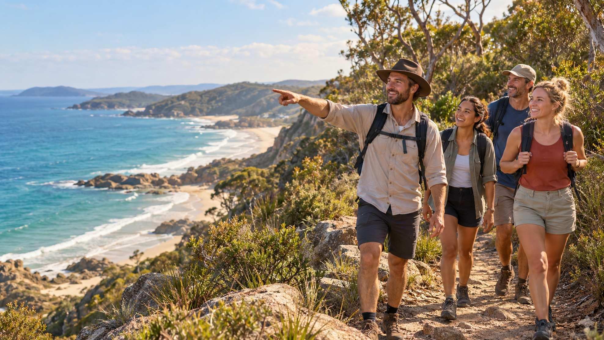 Guide leading a small group on a coastal walking track