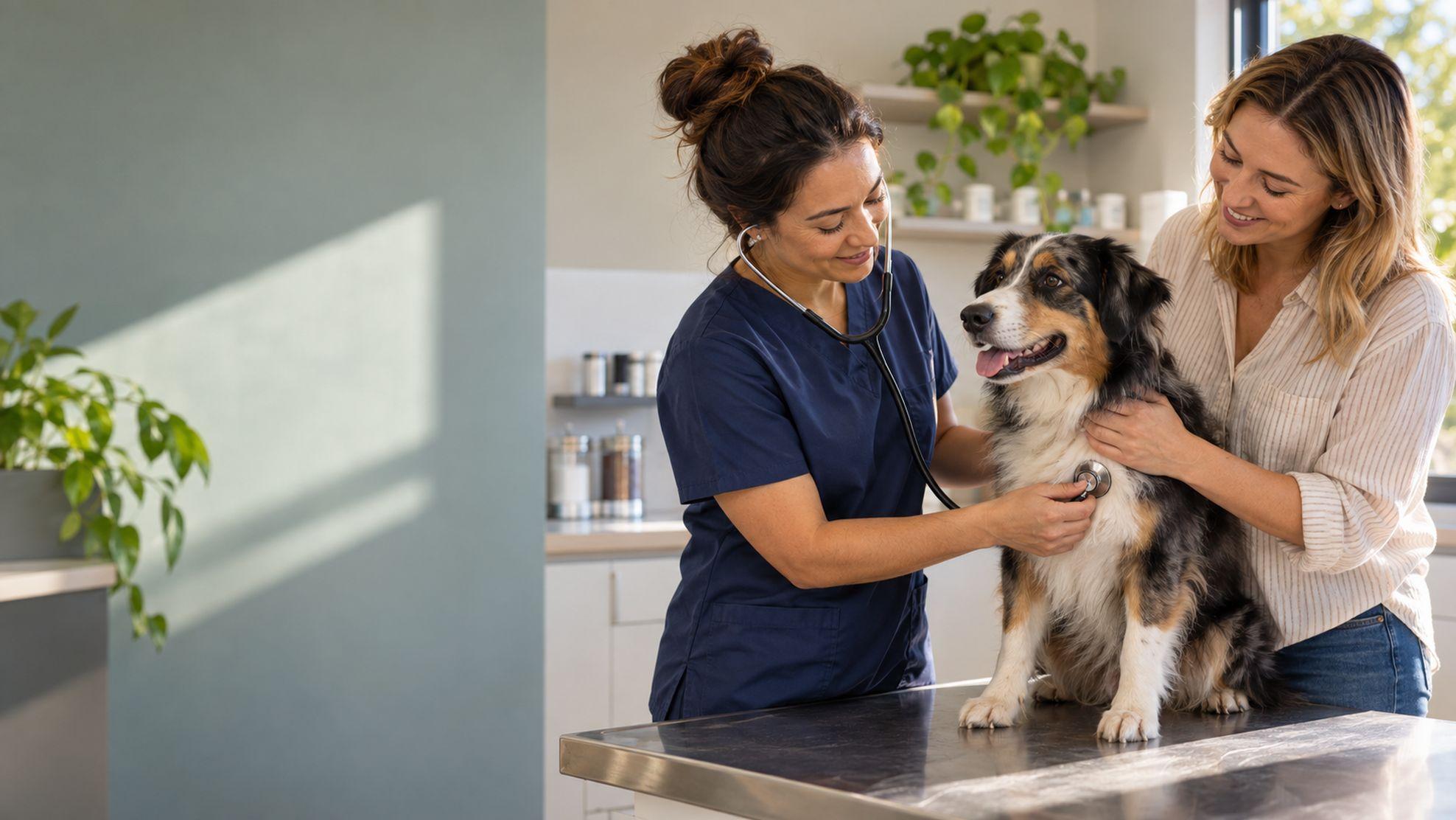 Vet examining a dog on the consult table with its owner beside