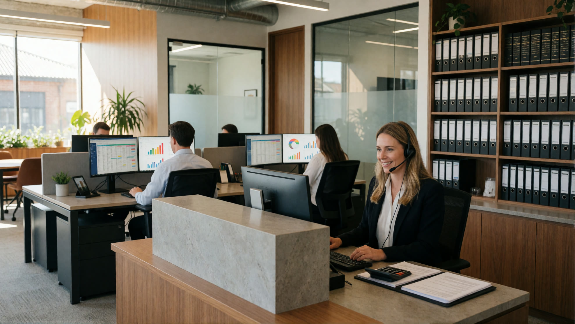 Accountant at a busy desk during tax season, spreadsheets and binders