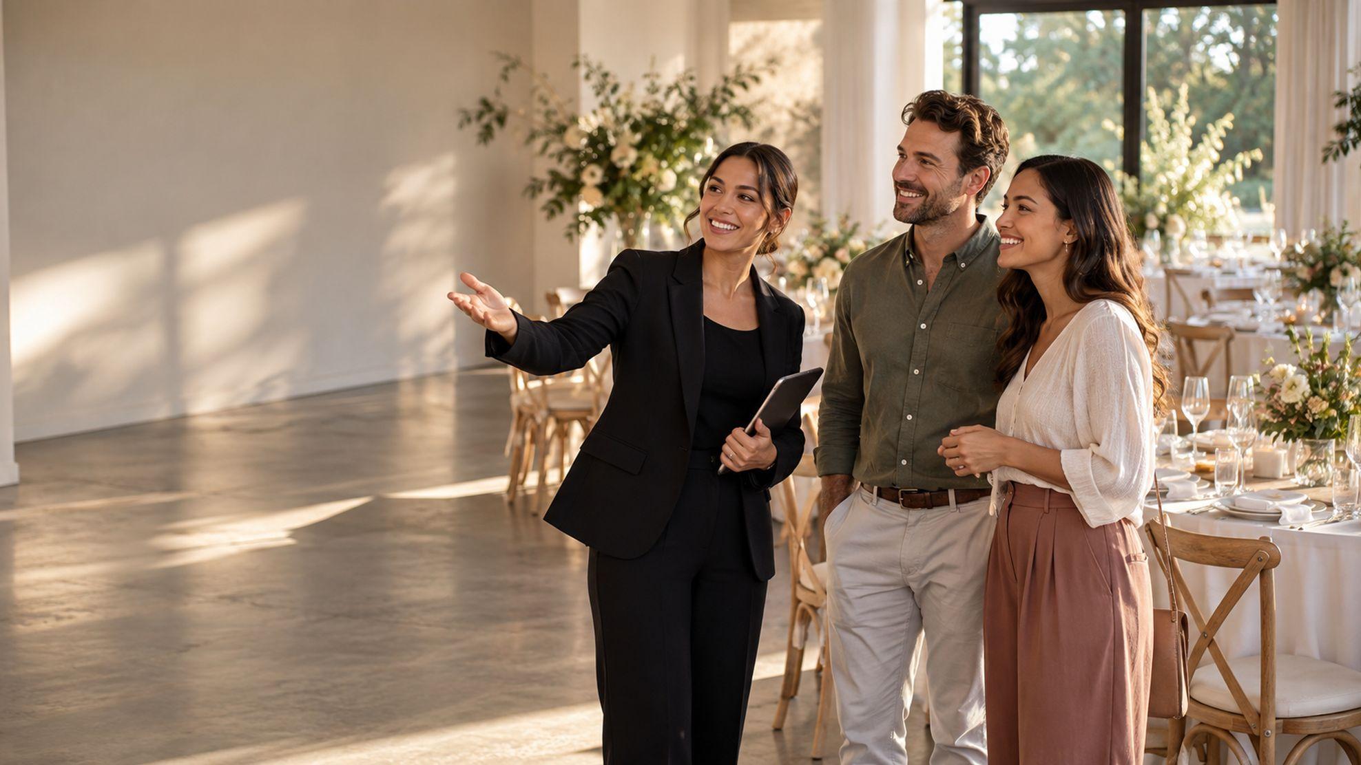 Venue coordinator showing a couple around a styled function room