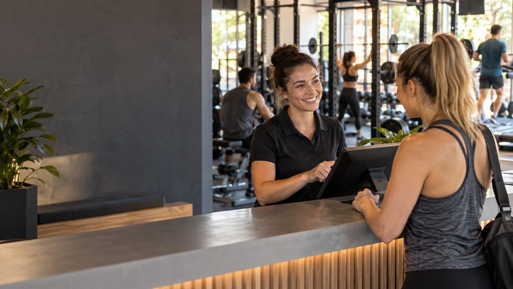 Gym front desk staff member helping a member at the counter