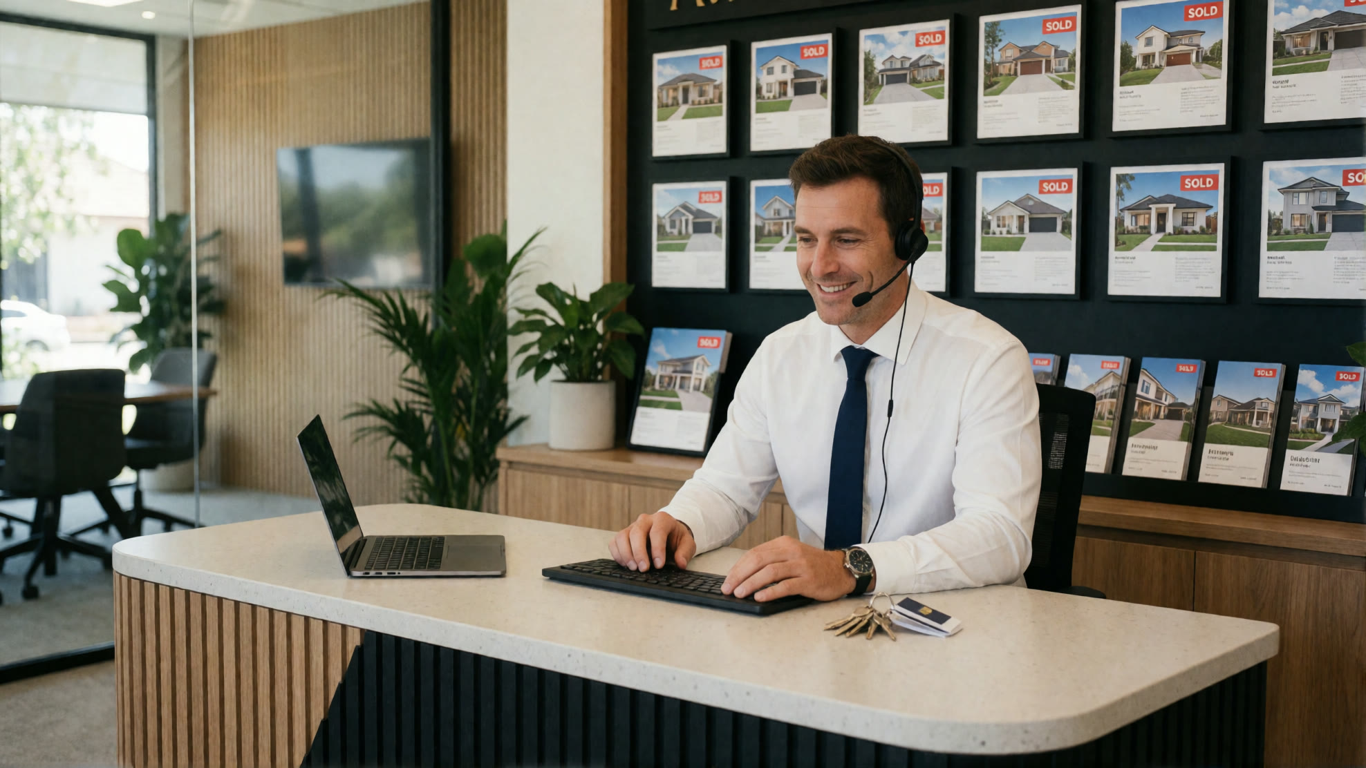 Real estate agent answering a buyer enquiry at the agency desk