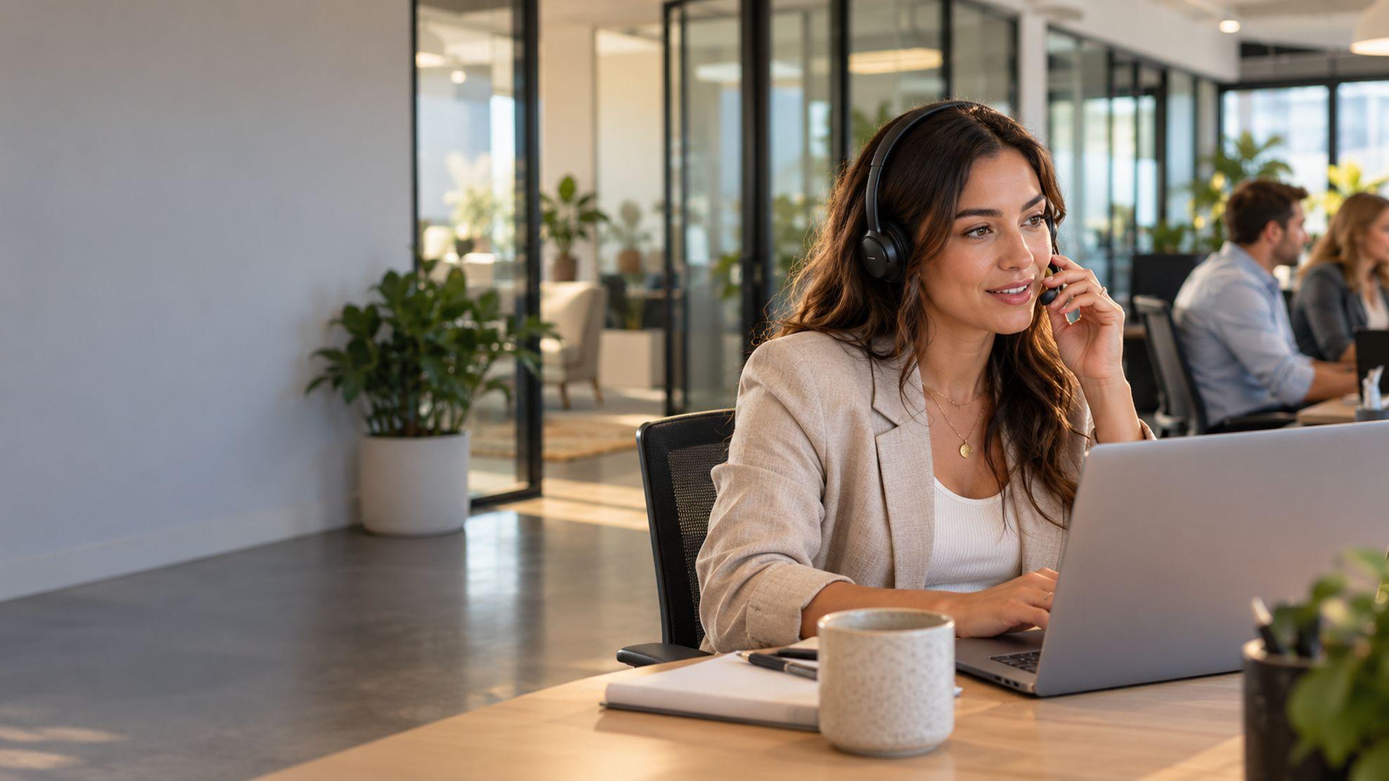 Recruiter on a headset taking a candidate call in an agency office