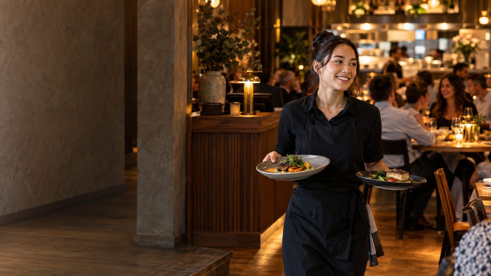 Waiter carrying plates through a busy restaurant at dinner service