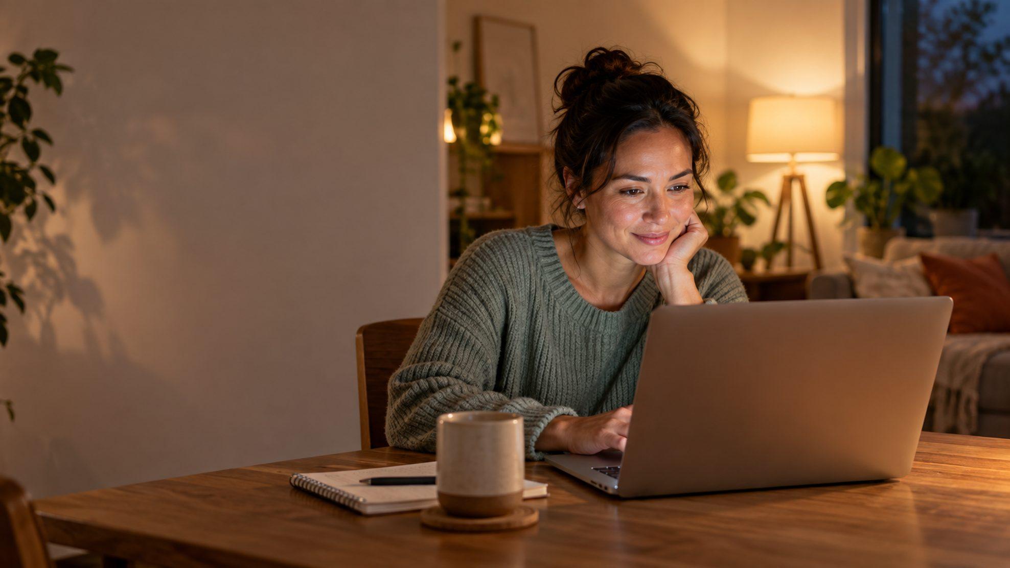 Adult learner reading course information at home in the evening